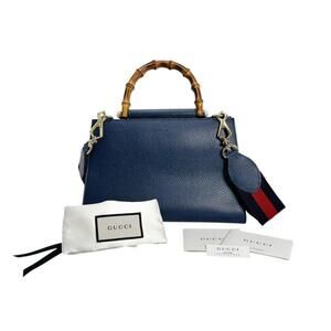 GUCCI Blue Leather Bamboo Bag